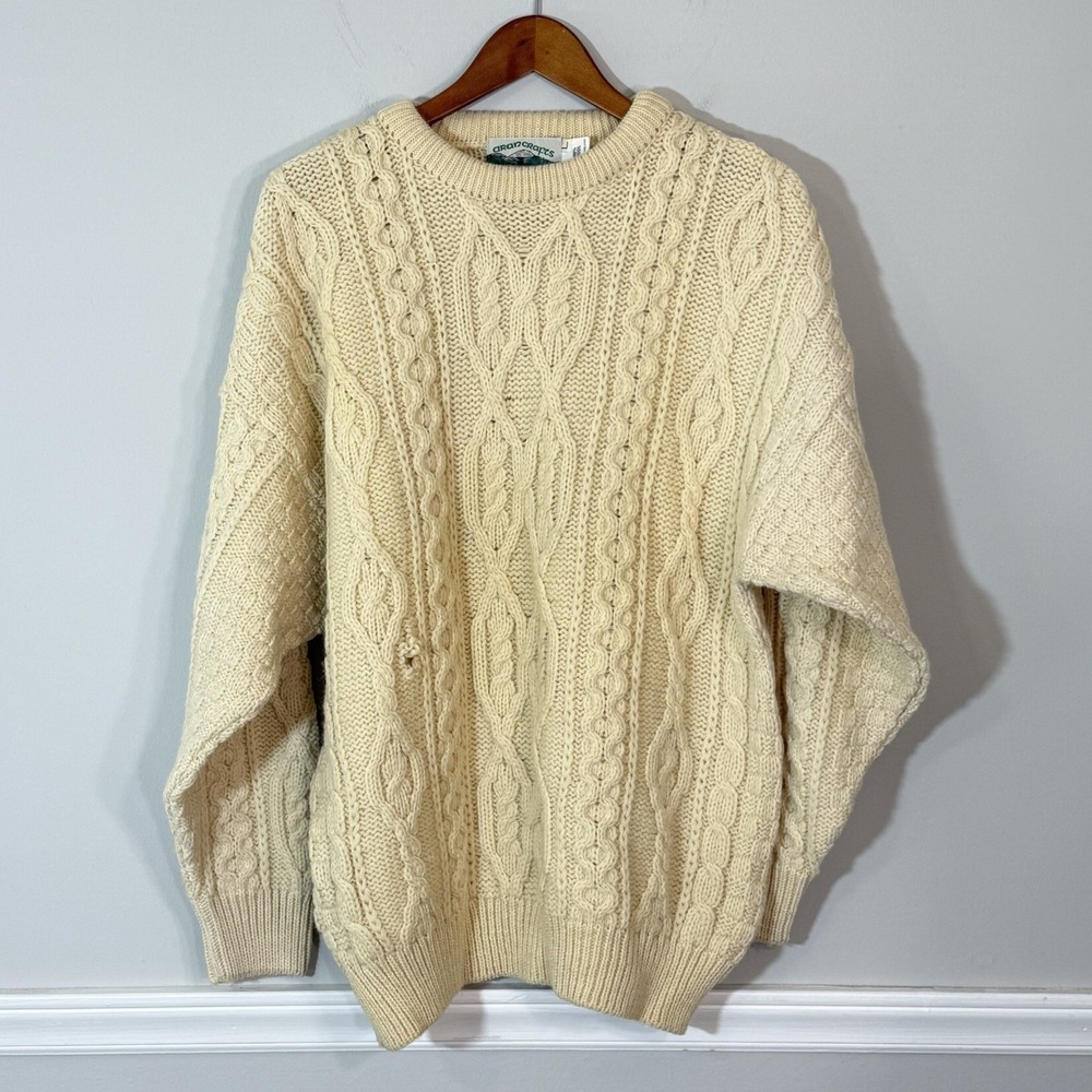 Aran Crafts Ireland Sz L Fisherman Sweater 100% Wool Cream Cable Knit Irish Made